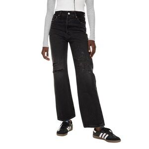 Levi's Women's Ribcage Black Destructed Straight Ankle Jeans- Size 27